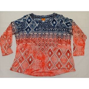 Ruby Road Rd Woman 1X Ombre Geometric Print Long Sleeve Top Shirt Coral Navy